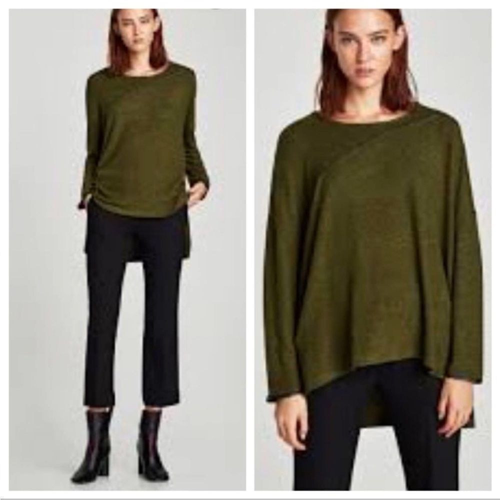 ZARA | Oversized Green Comfy Long Sleeve Top Faux Leather Trim Women’s Size M